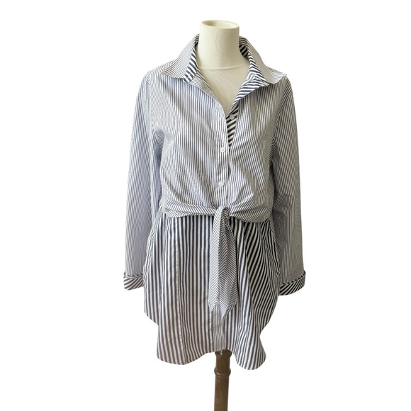 CHICOS TUNIC TOP STRIPED TIE WAIST LONG SLEEVES COASTAL GRANDMA NAUTICAL 8-10 - Picture 2 of 12